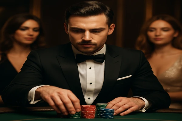 একজন নারী একটি ল্যাপটপে অনলাইন গেম খেলছেন, চারপাশে জ্বলজ্বল করা ক্যাসিনো পরিবেশ উঠে এসেছে