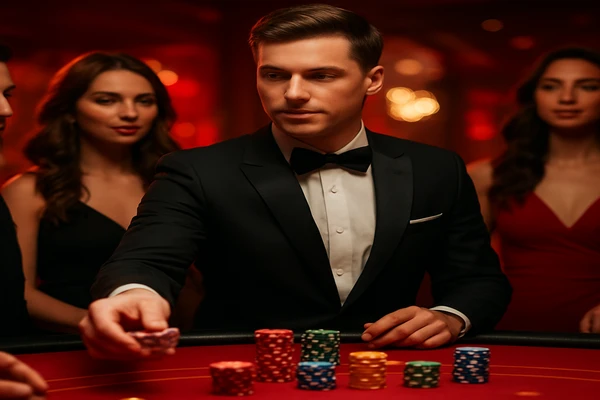 চমৎকার আলোয় ঝলমলে গেমিং পরিবেশে একজন আত্মবিশ্বাসী ডিলার ব্যবহারকারীদের 444bd অ্যাকাউন্টে নিরাপদে লগইন করার আহ্বান জানাচ্ছেন।